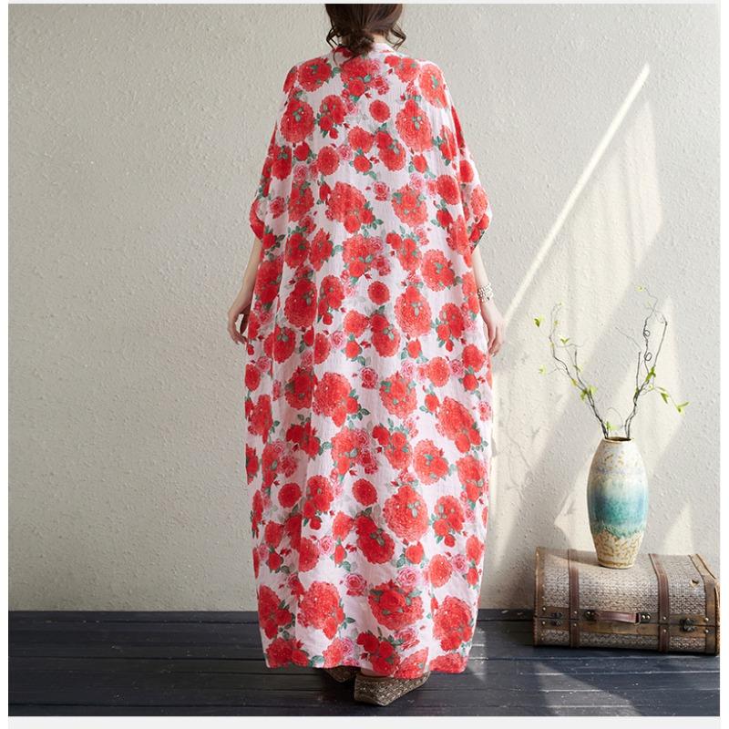 DIMANAF 2024 Plus Größe Sommer Frauen Strand Kleid Grundlegende Floral Print Lose Stil Vintage Lange Bohemian Kleider