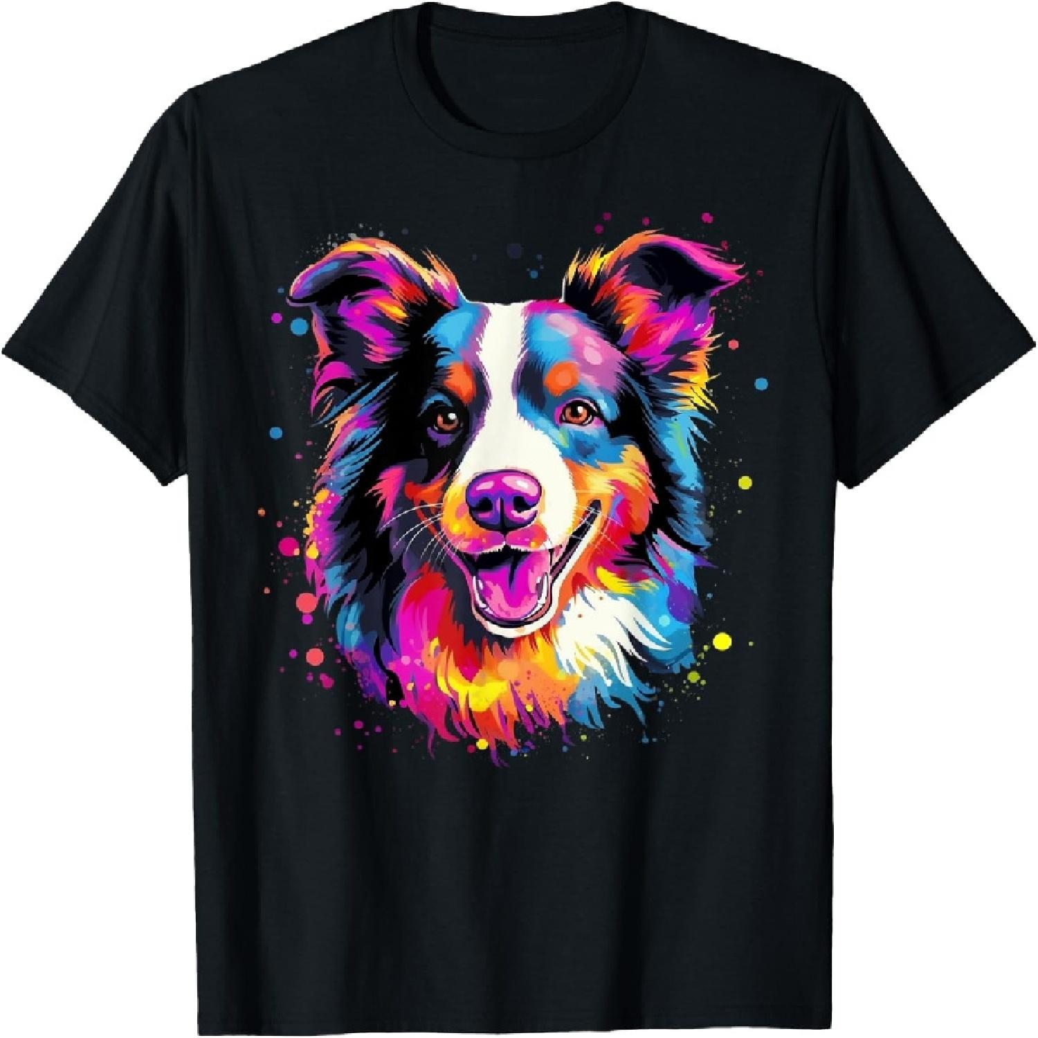 Colorful Pop Art Border Collie Lover Portrait T-Shirt S