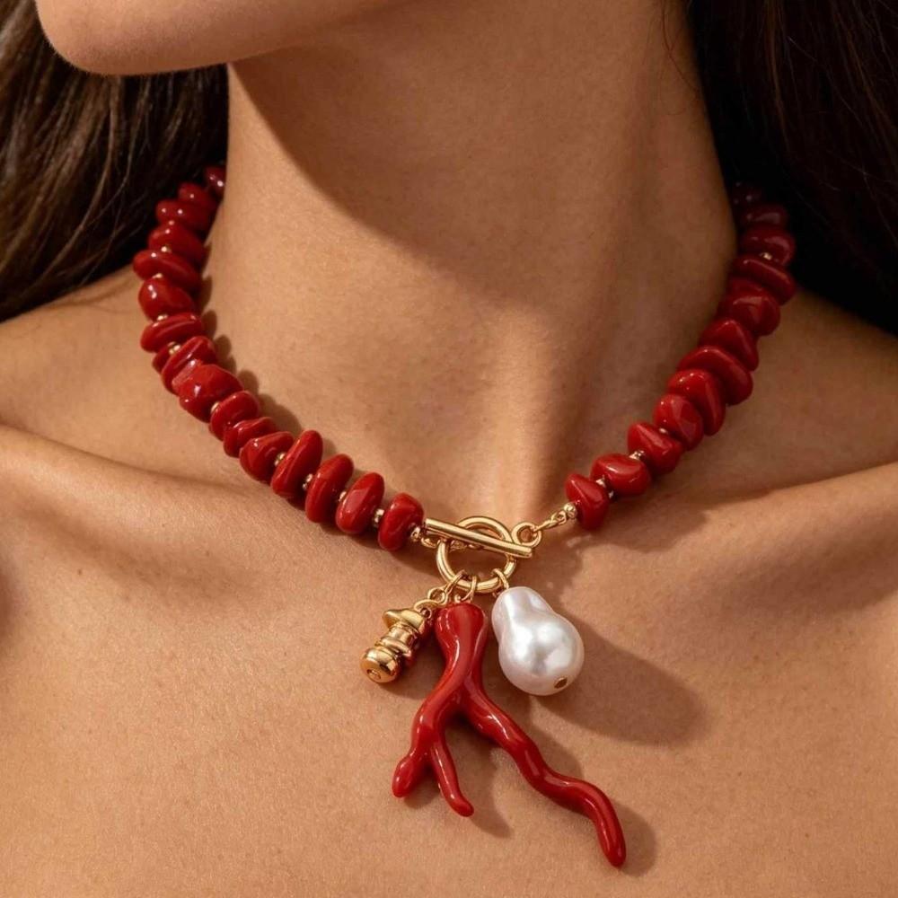 Baroque Pearl Coral Beads Necklace Red Bridal Jewelry Accessories Wedding Party