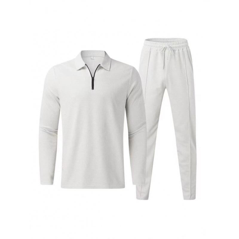 2025 Men's Waffle Long-Sleeve Suit & Elastic Waist Sports Pants Set - Breathable Casual Wear for Spring/Autumn