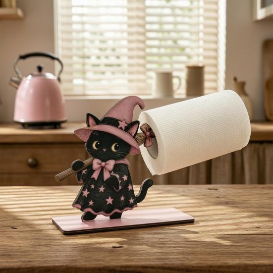 Kreativer Küchenarbeitsplatten-Ständer Halloween Schwarze Katze/Geist Rollenpapierhalter, Vertikaler Holz-Handtuchständer, Funktionale Feiertagshaus-Akzente