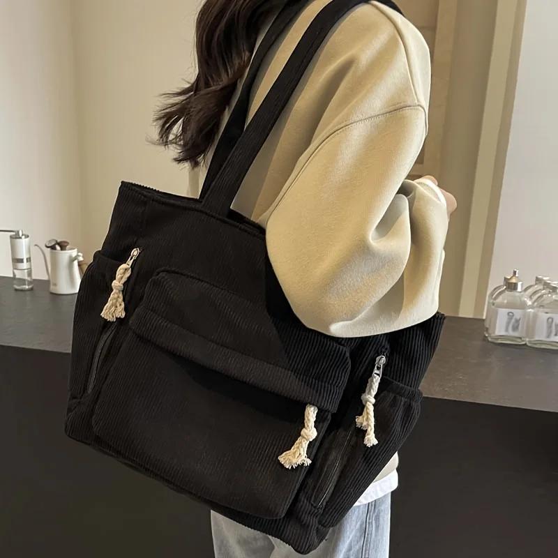 Corduroy Tote Bag with Multiple Pockets Adjustable Shoulder Strap Casual Shoulder Bag for Women, Shopping, Commuting, and Travel