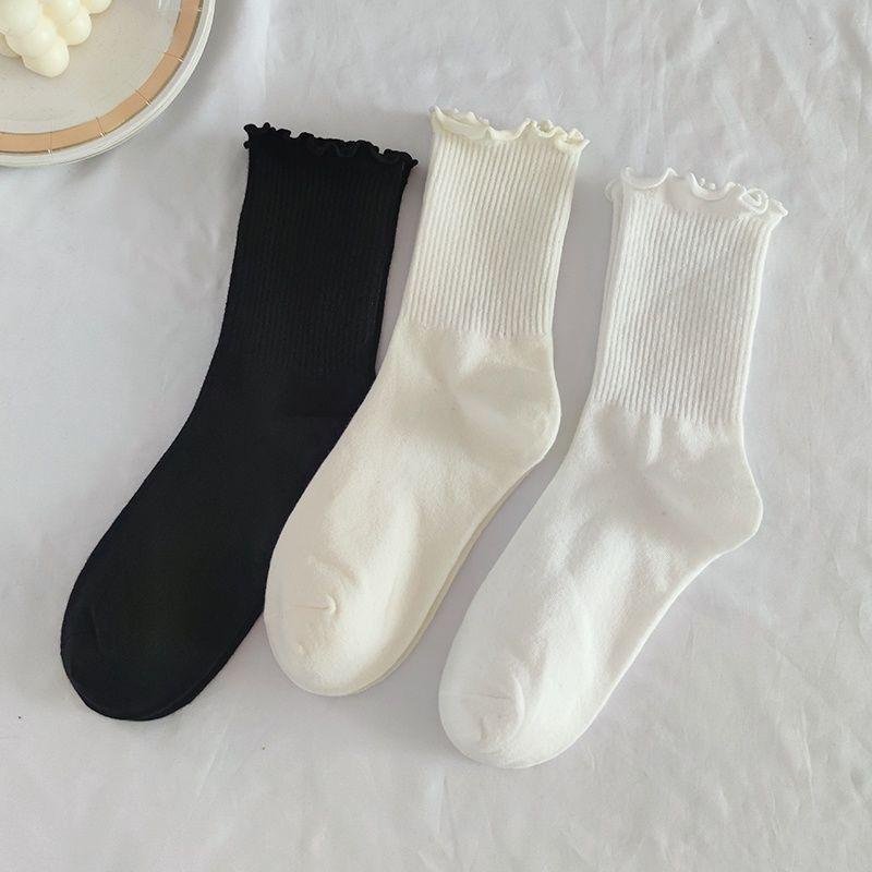 Women's Milk White Lace Ruffled Trim Mid-Calf Socks - Japanese Lolita Style
