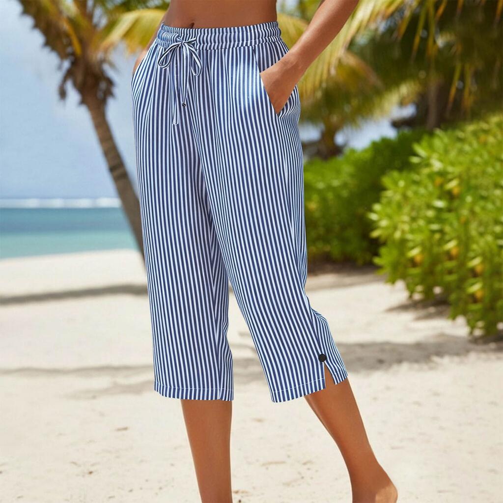 Damenmode Gestreifter Druck Elastischer Bund Locker Lässig Sieben-Achtel 7/10 Hose