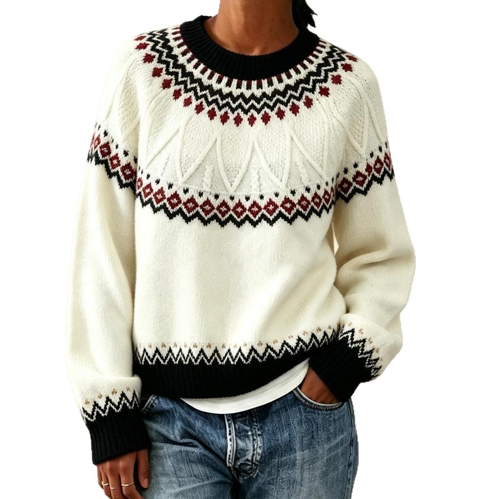 Autumn And Winter New Women'S Jacquard Knitted Crew Neck Jumper Fair Island Loose Color Matching Bottoming Sweater Women