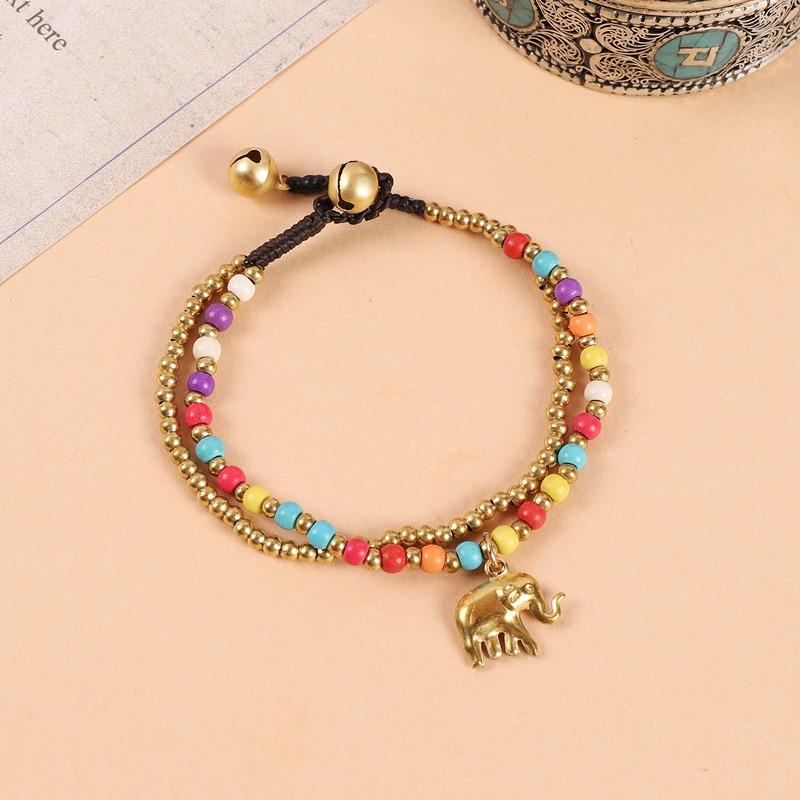 Handwoven Elephant Bracelet Tibetan Exotic Bohemian Double Beaded Bells Vintage Hand Rope Female