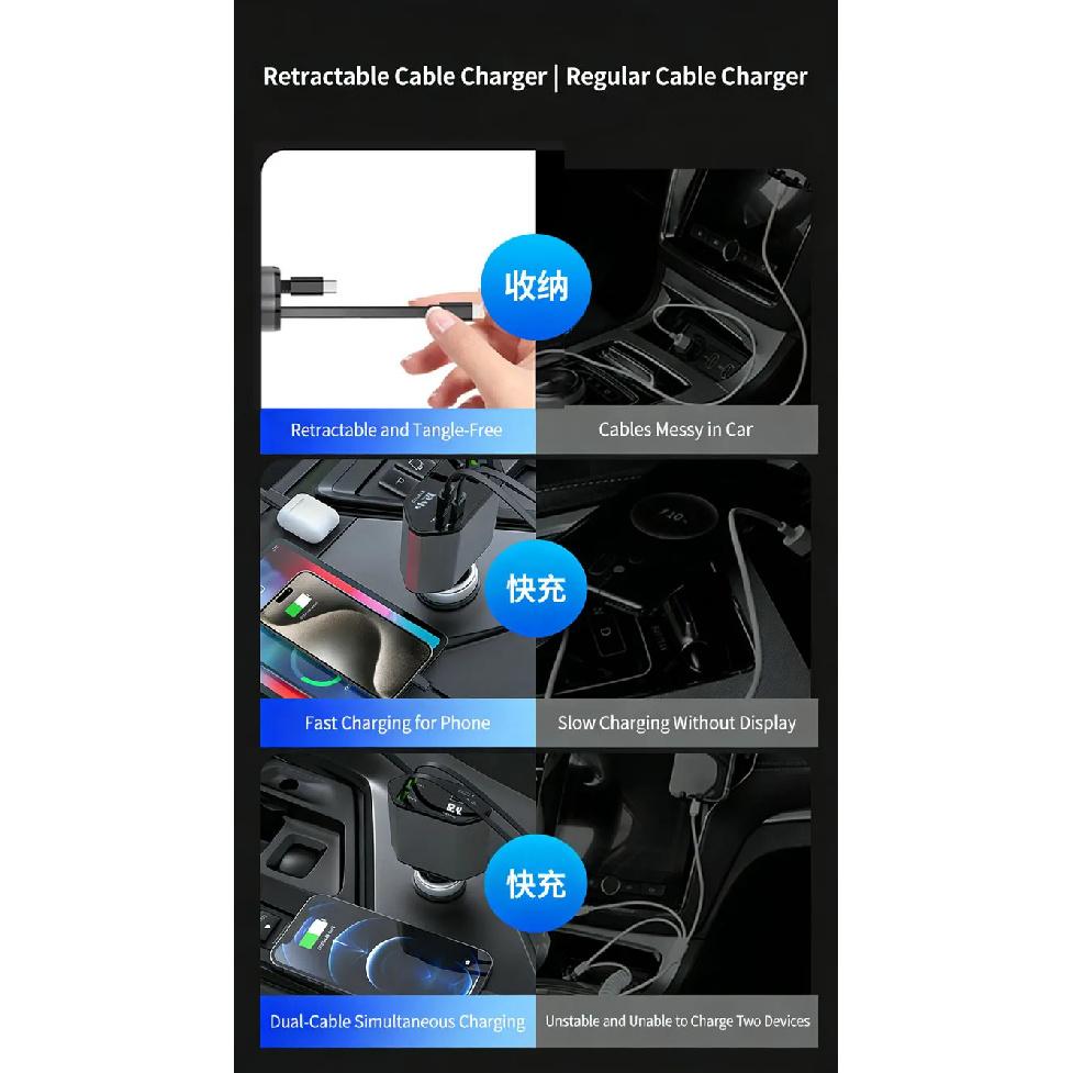 Car Charger USB Type C Adaptor 120W Fast Charge Retractable Charging Cable with Cords QC Adapter Car Charger For Iphone Android