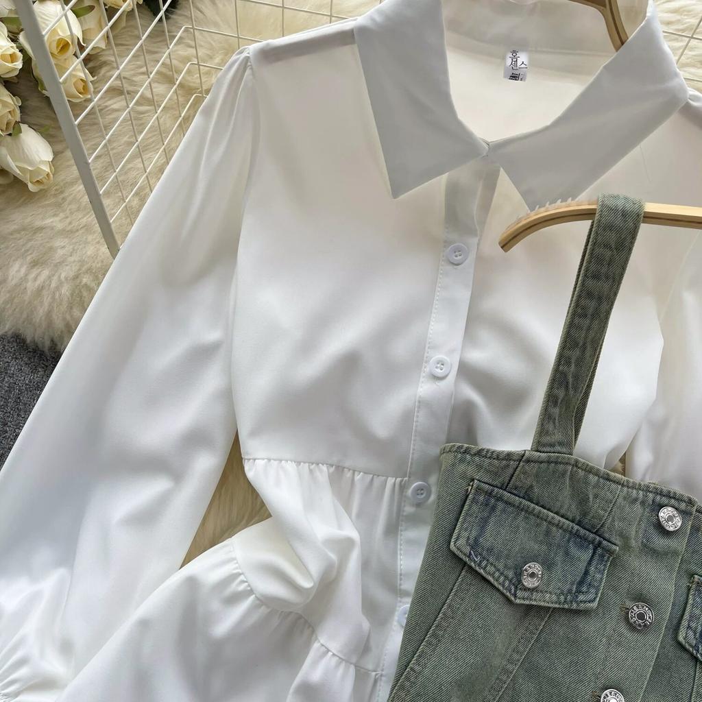 Koreansk Seriekläder Återupplivande Tvådelat Set Topp Retro Kort Jeansväst Trendigt Allmatchande Mellanlångt Skjortset