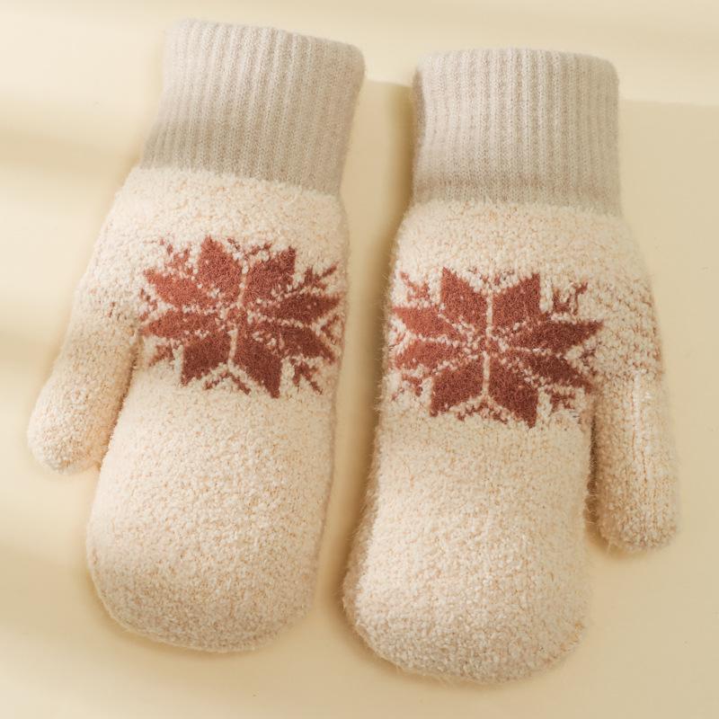 Korean-Style Cute Snowflake Lamb Wool Fingerless Winter Gloves: Thick, Warm, Double-Layered Mittens for Students.