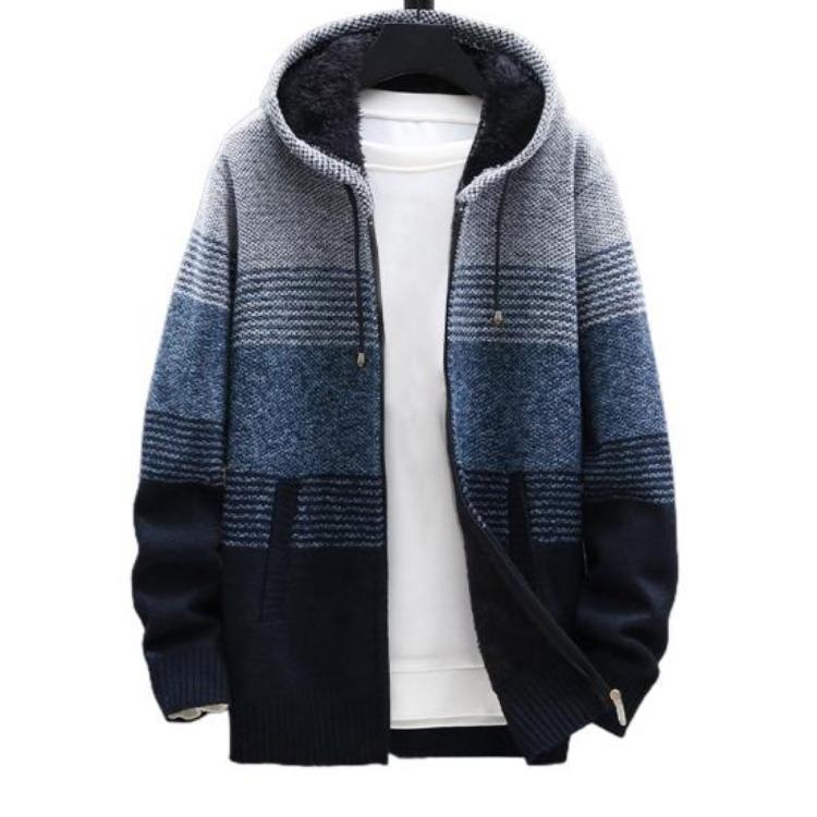 Thicken Plush Warm Cardigan Sweater Knitted Coat for Men Color Block Hooded Autumn Winter Daily Wear