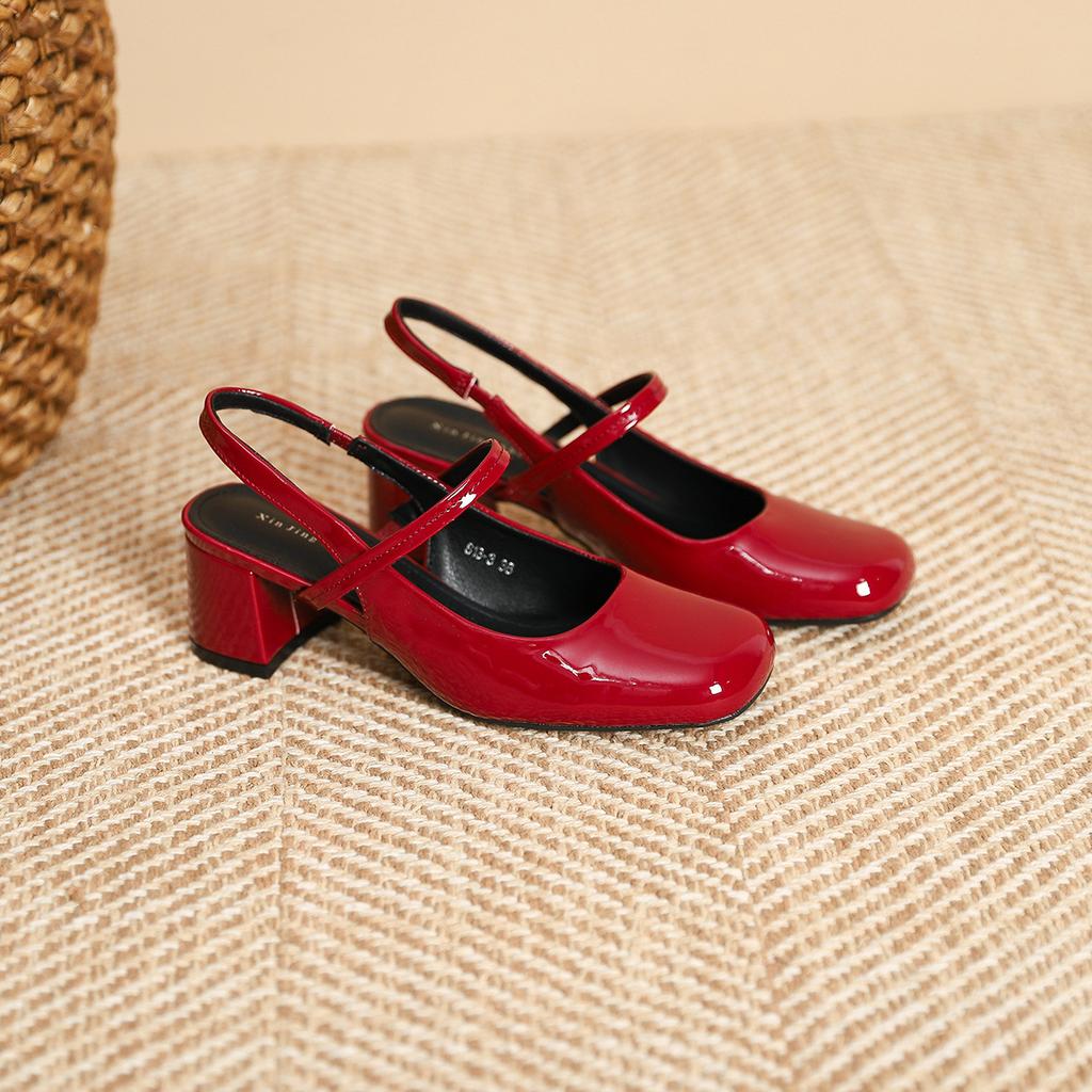 813-3 square head patent leather strap thick heel single shoes women's new French light mouth glossy medium heel single shoes women's shoes