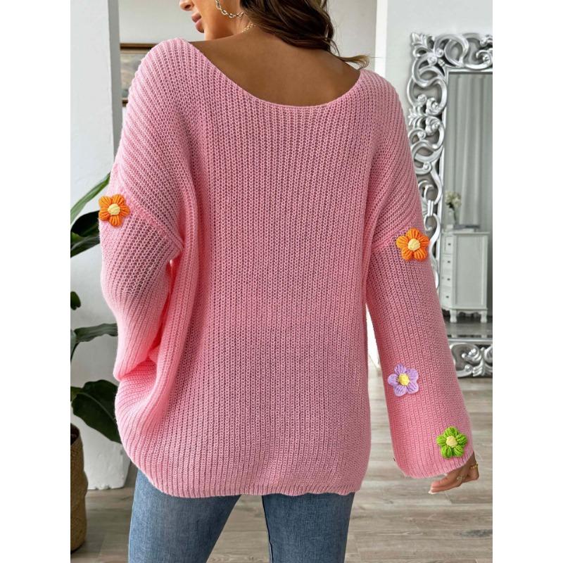 Women's Autumn/winter Hand-hooked Floral Patchwork Sweater with Simple Loose One-line Neck Off-the-shoulder Flared Sleeves