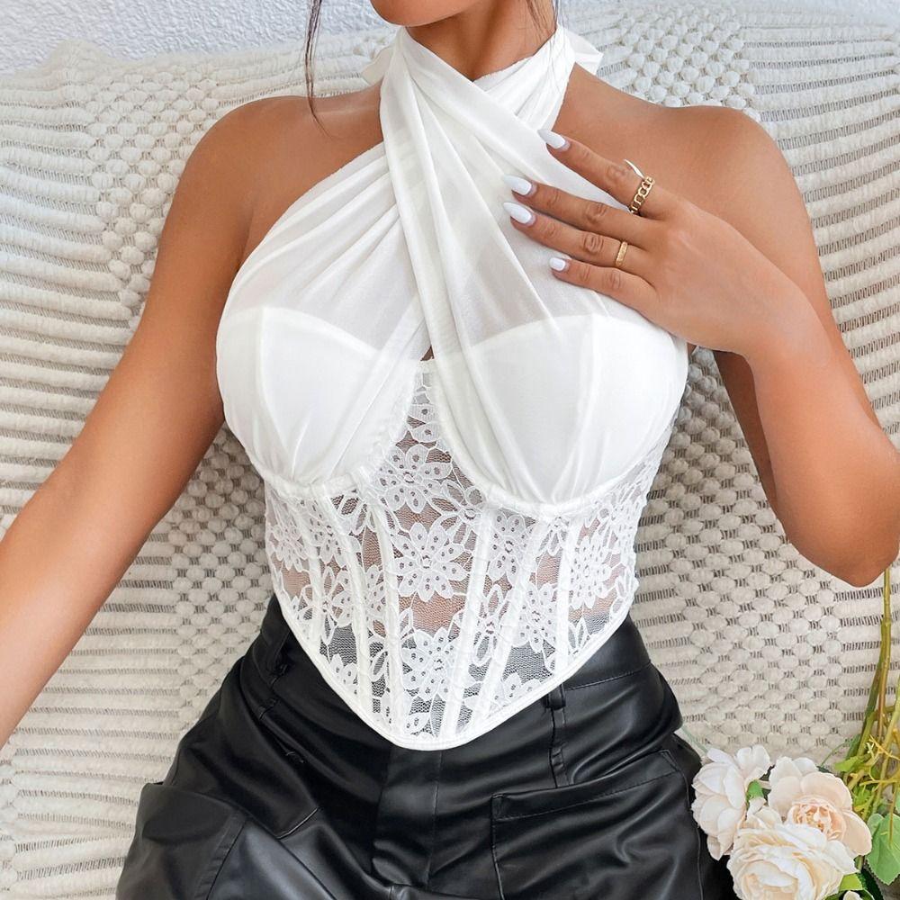 Transparent Lace Camisole Mesh Fishbone Corset Camisole Fashion Neck Halter Crop Tops  Travel