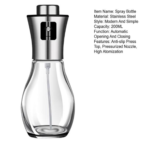 200-ml-Olivenölsprüher aus Glas mit rutschfester Pressoberseite, staubdichter Ölspender, Druckdüse, Küchenöl-Nebelwerkzeug