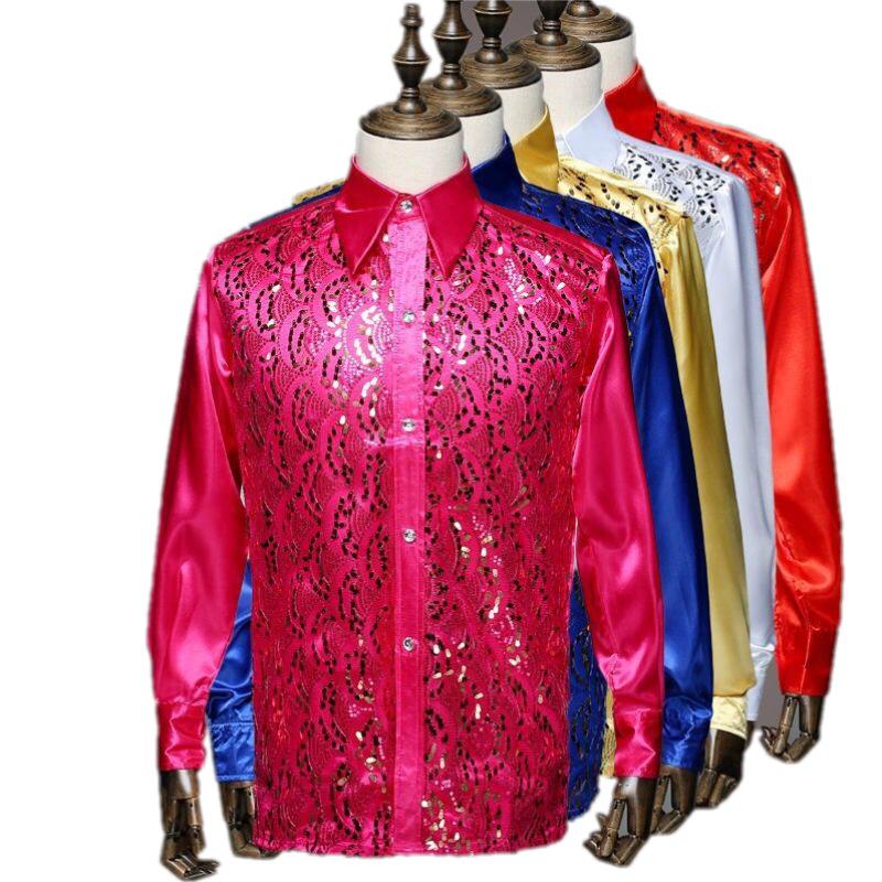 Men's Sequin Chorus Performance Shirt for Middle-Aged & Elderly - Red Stage Costume for Evening Song and Dance