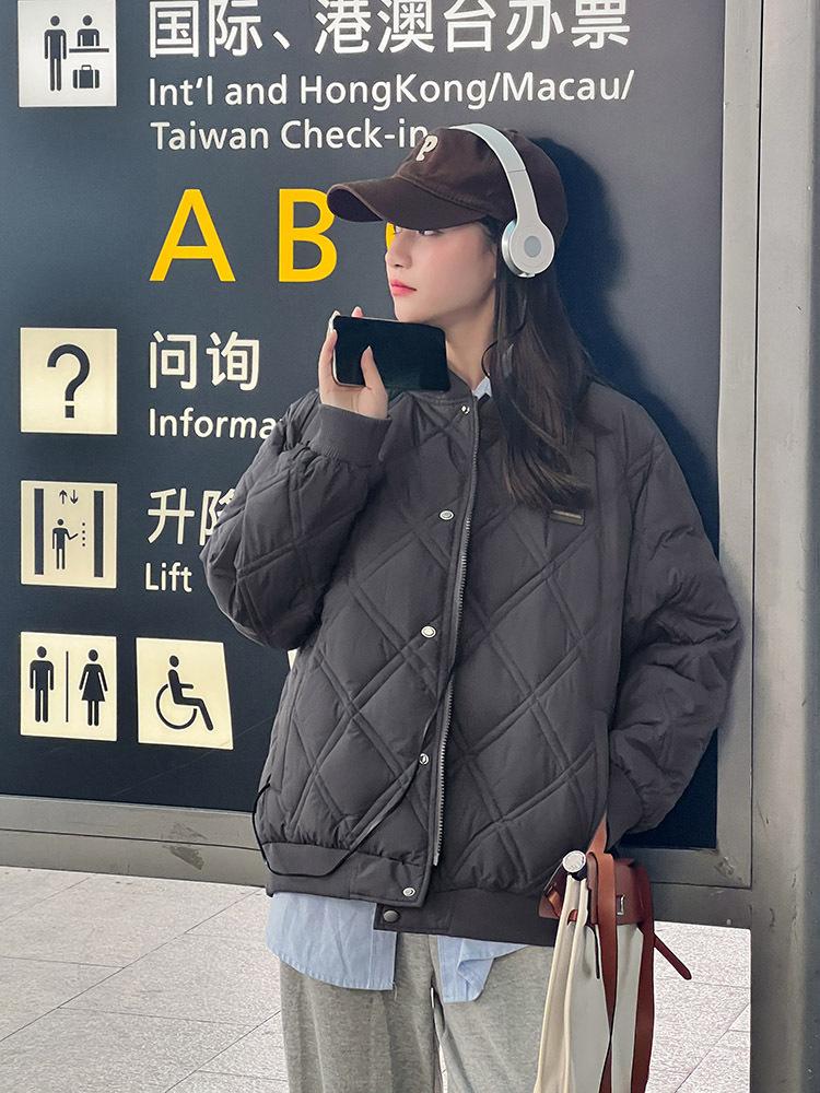Short student jacket winter new rhombus plaid down  jacket women's loose baseball collar small  jacket