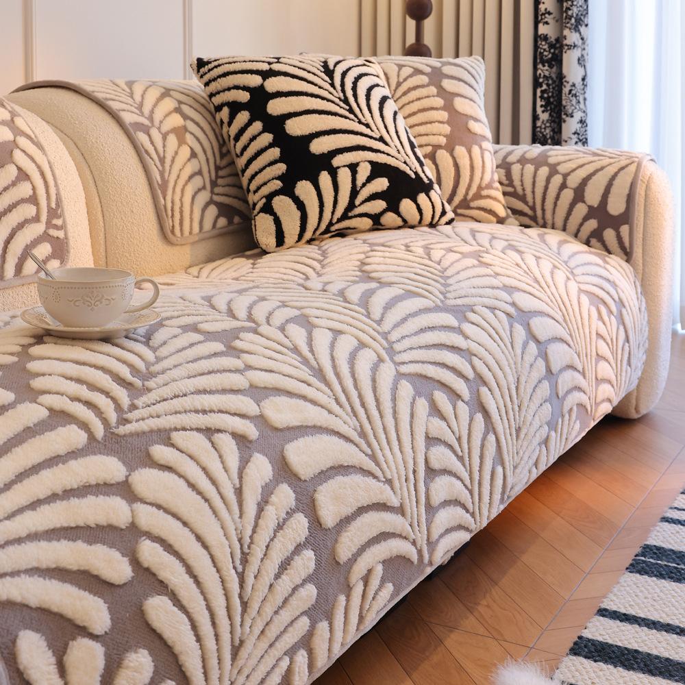 Leaf Retro Plush Sofa Cushion New Light Luxury High-End Seat Cushion Autumn And Winter Non-Slip Sofa Cover Cloth Towel