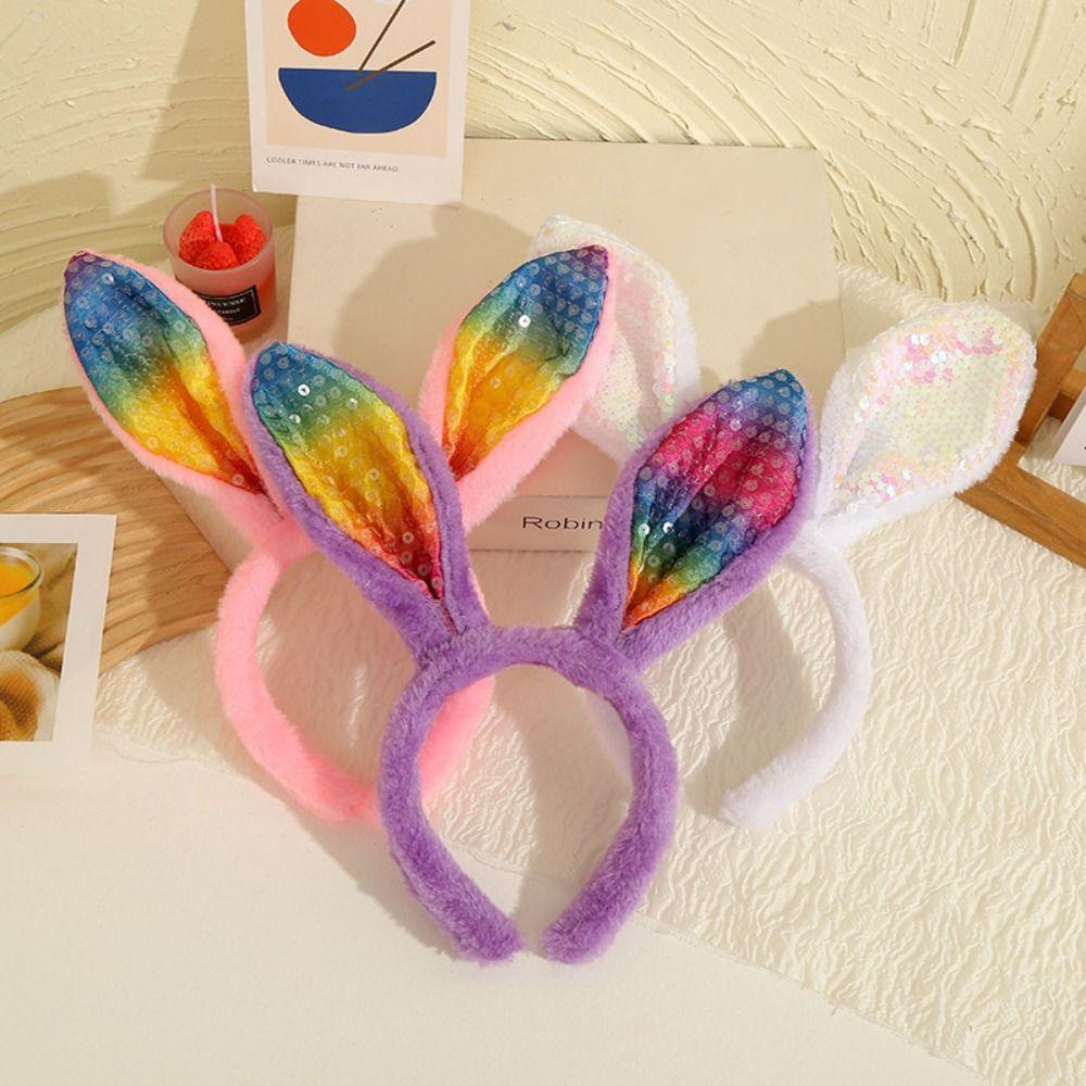 

Плюшевая повязка на голову с пасхальными ушками кролика, нарядная вечеринка, обруч для волос, повязка на голову с блестками и ушками кролика для девочек