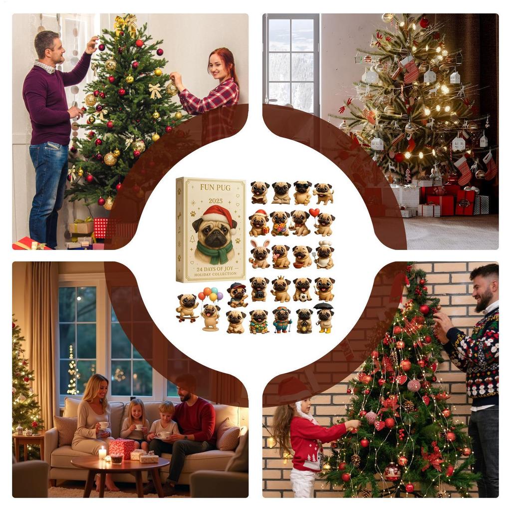 24 Days 2D Acrylic Dog Seasonal Decor Pug Tree Ornament Countdown Calendar Gift Box For Dog Lovers Holiday Party Favors