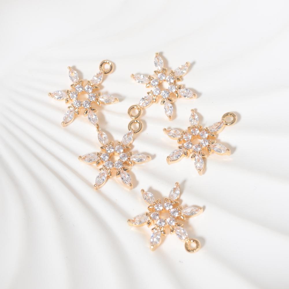 Golden Plated Copper Snowflakes Charms Pendants with Clear Zirconia, DIY Jewelry Making Supplies for Earrings Necklaces, Sweet Girly Gift for Women