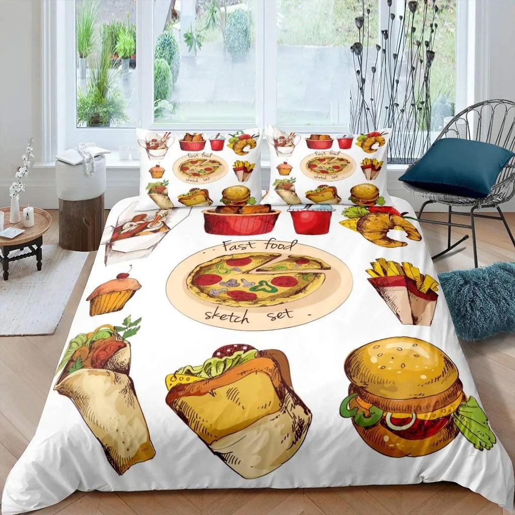 Comforter American Fast Food Full Size Polyester Pizza Hotdog Hamburger Print Bedding Set French Fries Cartoon