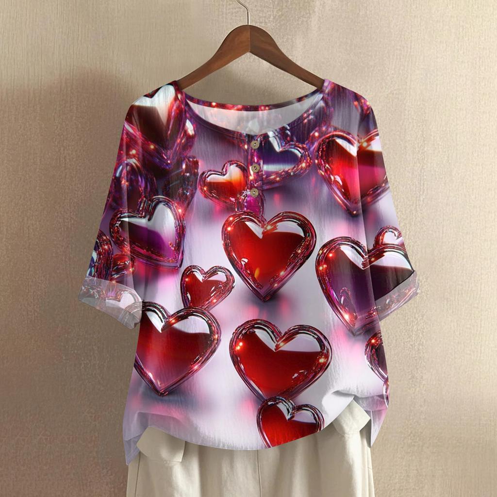 Damska koszulka z nadrukiem na Walentynki, casualowa, z krótkim rękawem, okrągłym dekoltem, z bawełny i lnu