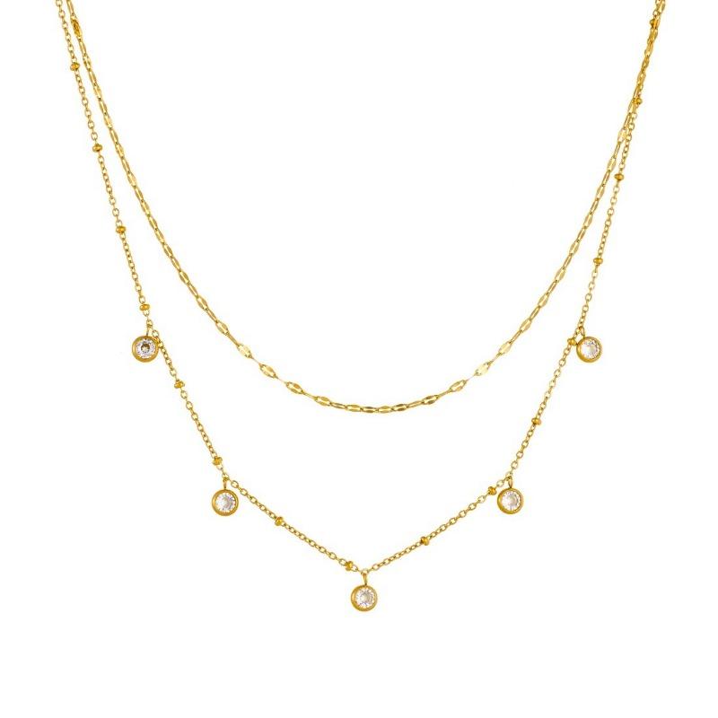 Gold Layered Chain Necklace with Crystal Drop Charms for Women