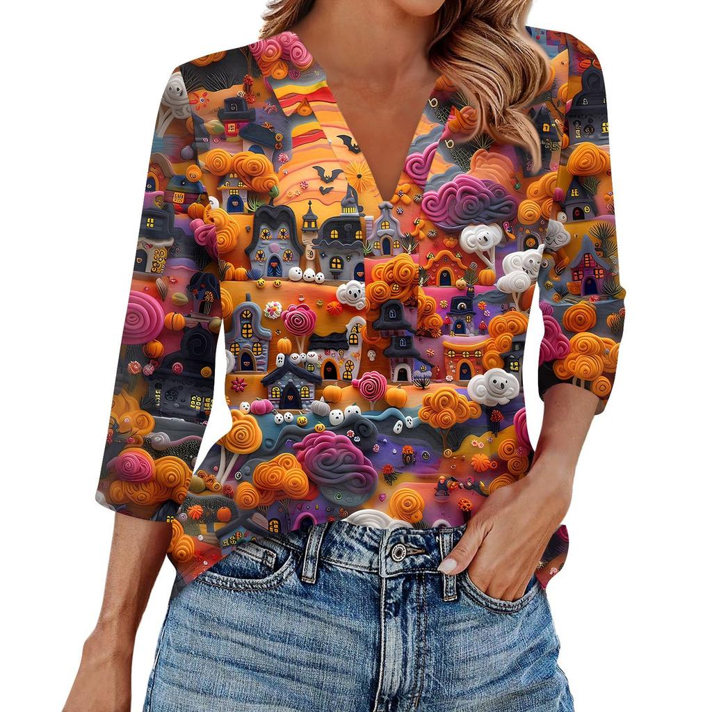 Women's Fashion Casual Lapel 3/4 Sleeve Halloween Print Shirt Women's V-Neck Tops