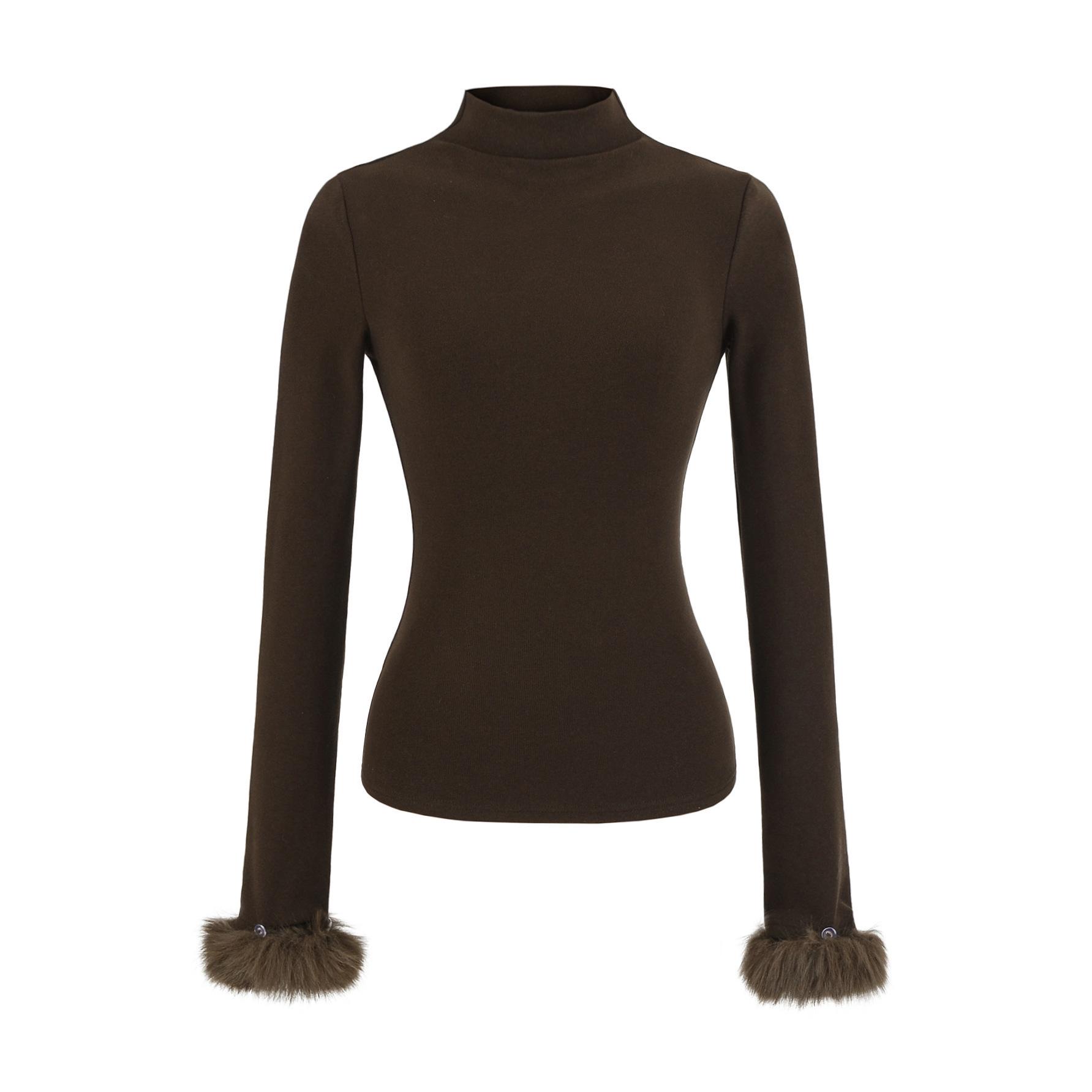 

Women s Stretchy Slim-Fit Long-Sleeve T-Shirt with Half-High Neck, Thin Fleece, and Detachable Fur Sleeves for Autumn and Winter Medium