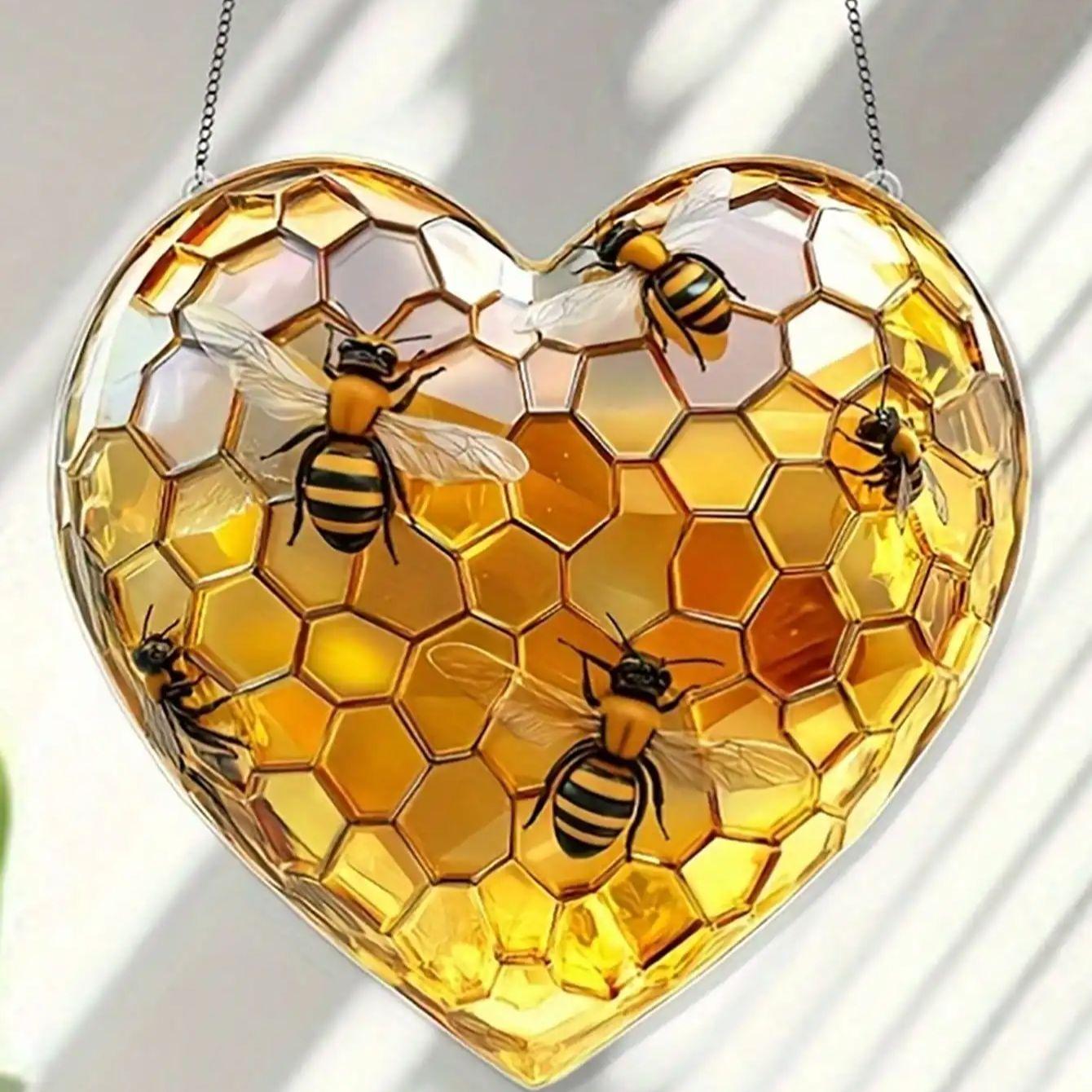 

Ловец солнца в форме сердца, соты и пчела, уникальный женский подарок, подарок для любителя пчел, деревенское украшение для дома, настенное искусство,