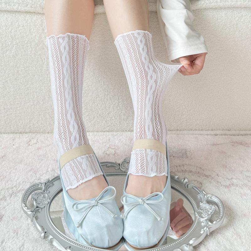 Women's Trendy Lace Bunched Mid-Calf Socks - Breathable Summer Black & White