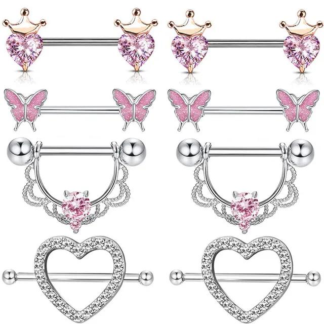 Rosa Herz Brustwarzenpiercing Stange Set Glänzende Kristall Brustwarzenringe Großpackung Für Frauen Blume Brustwarzen Schmuck Packung Piercing Teton Mengen