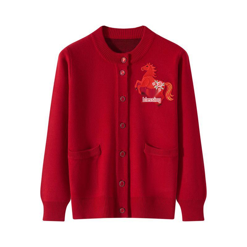 2026 Autumn/Winter Fine Wool Horse Embroidery Cardigan for Middle-aged & Elderly