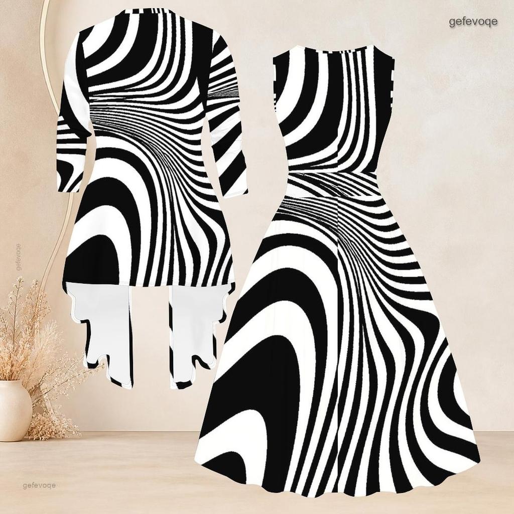 Women Plus Size Two Piece Set Long Sleeve Open Cardigan Sleeveless Round Neck Tie Waist Geometric Printed Black White Dress