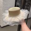 Versatile Travel Vacation Seaside Sunscreen Sunshade Straw Hat British Pearl Lace Flat Top Straw Hat Children Spring and Summer New