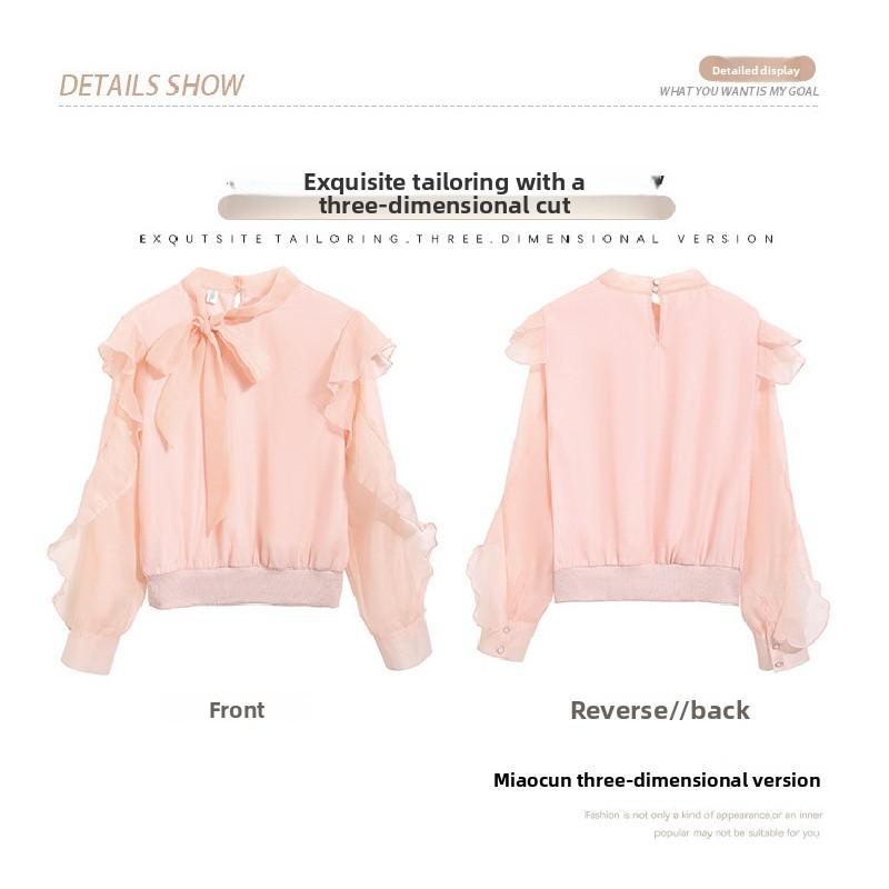 Women's Chiffon Blouse 2026 Spring and Autumn New Fashionable Tie-Neck Ruffle Trim Thin Gentle Style Shirt