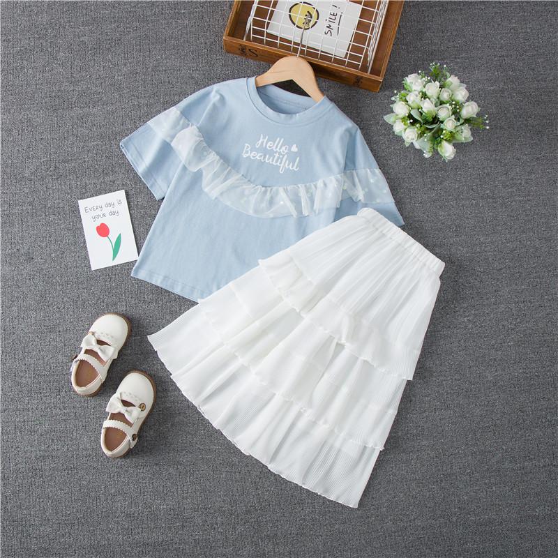 

Детский модный синий топ с короткими рукавами, летний простой костюм для девочек 150cm