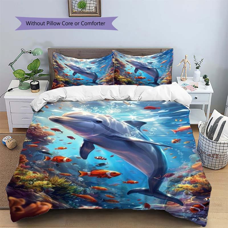 Ocean Dolphin Coral Tropical Fish Underwater Print Duvet Cover Set 3Pcs Marine Animal Bedding Bedroom Home Decor Without Pillow Core Comforter