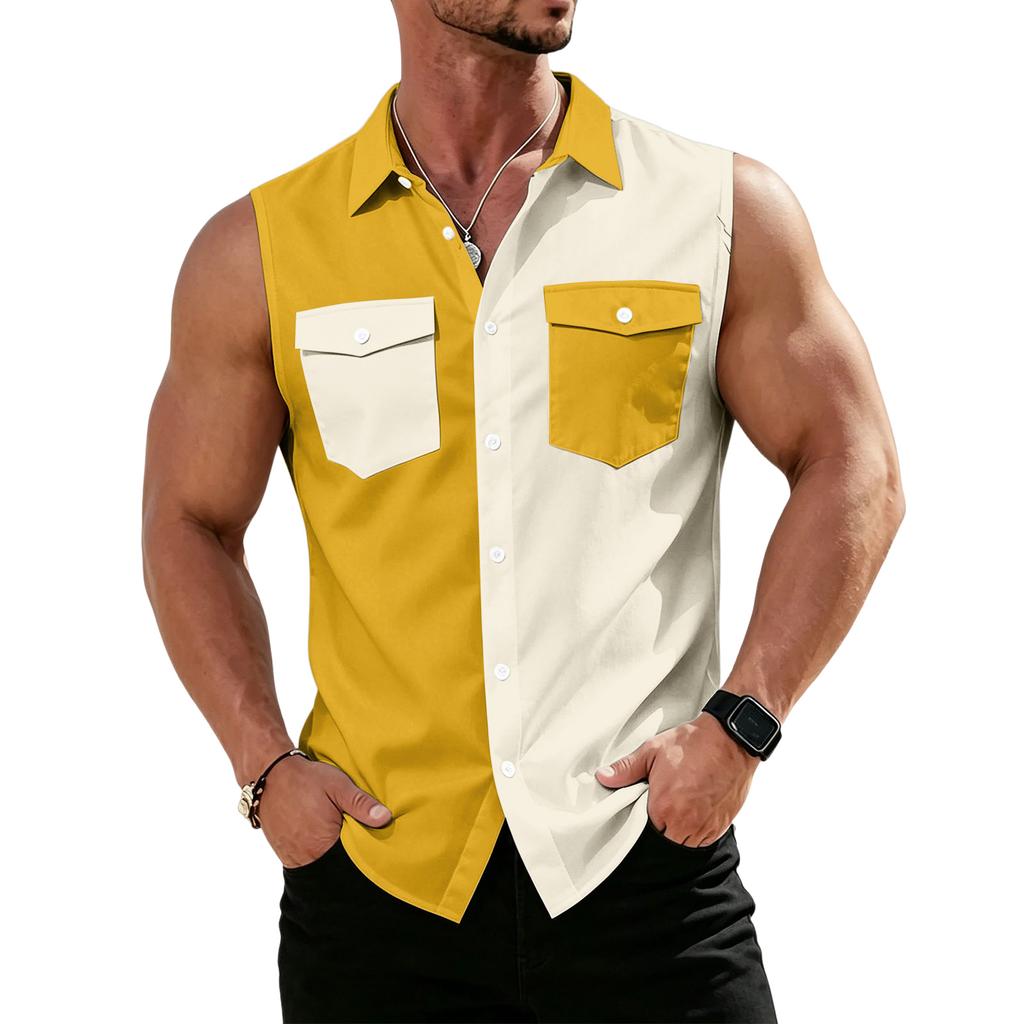 Men's Workwear Lapel Button-Down Vest Shirt - Lightweight Sleeveless Top