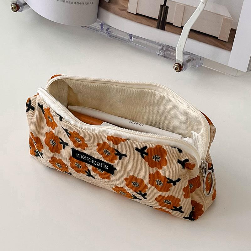 1pcs Corduroy Pencil Bag Pen Case Vintage Flower Grid Artistic Style Student Bag Unique Stationery Storage Pouch School