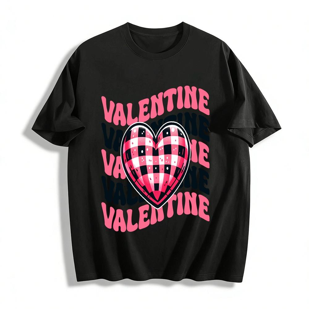 

Valentine s Day Plaid Heart Graphic Casual Top Pure cotton T-shirt 6XL