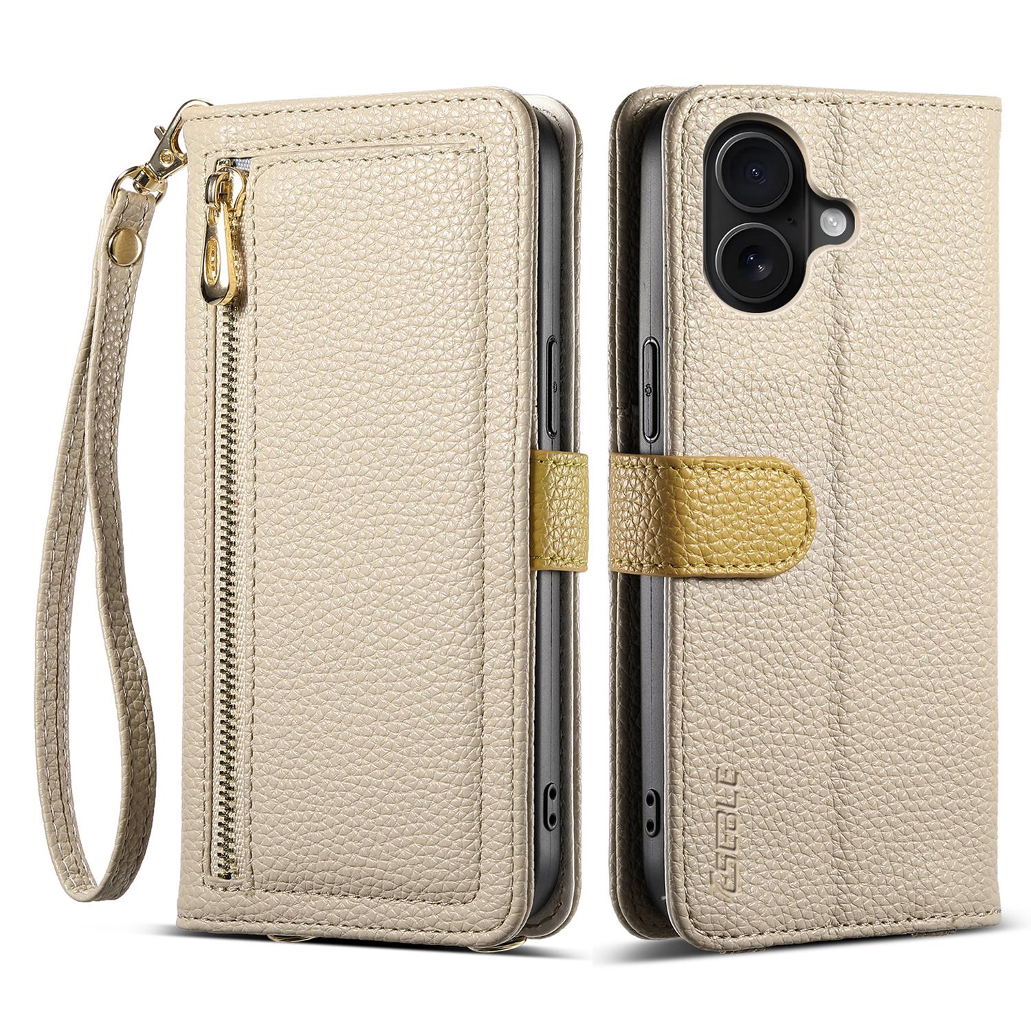 

ESEBLE E11 For iPhone 17 Case Zipper Pocket Litchi Texture Leather Phone Cover with Mirror and Wrist Strap Khaki