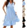 Ladies' Casual And Fashionable Color V-neck Loose Pocket Pleated Sleeveless Dress