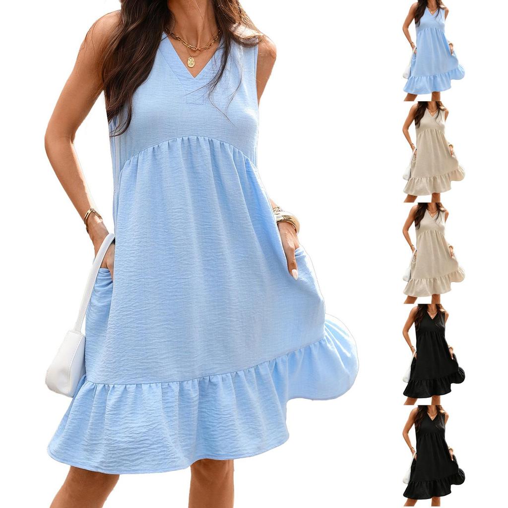 Sleeveless V Neck Ruffle Hem Dress with Pockets Casual Loose Fit Summer Sundress for Women Lightweight Fabric