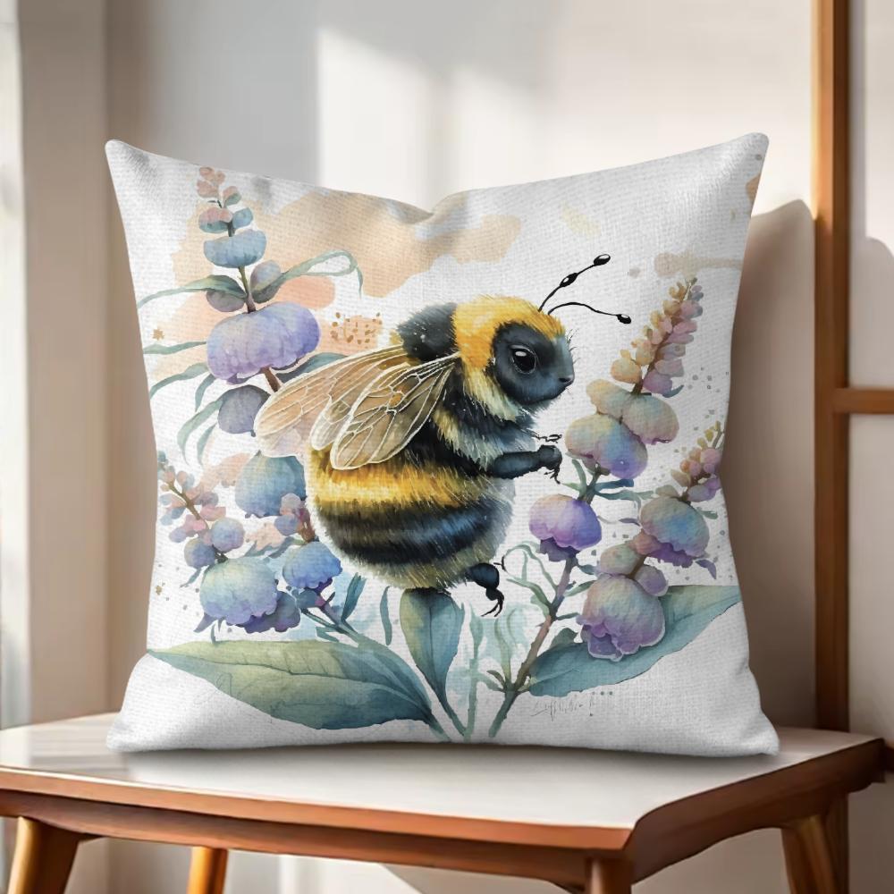 Watercolor beeflowers Cushion Cover Natural Linen Organic Fabric DoubleSided Printing Couch Pillow Covers Home Decor
