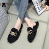 Luxury Curly lamb wool mules female metal chain fur slippers women ins winter shoes cover toe plush slides plus size 34-44