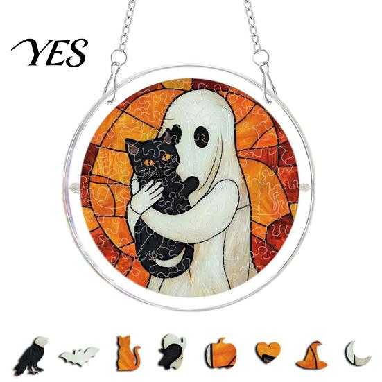 Transparent Stained Glass Halloween Acrylic Puzzle Decor, 2D Ghost Pumpkin Skeleton Hanging Sign, Faux Holiday Spooky Decorations for Party