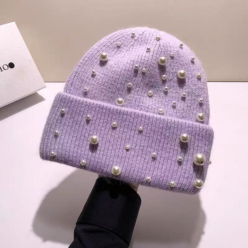 New Autumn And Winter Heavy-Duty Pearl Wool Hat Pearl Fashion Knitted Hat Warm Ear Protection