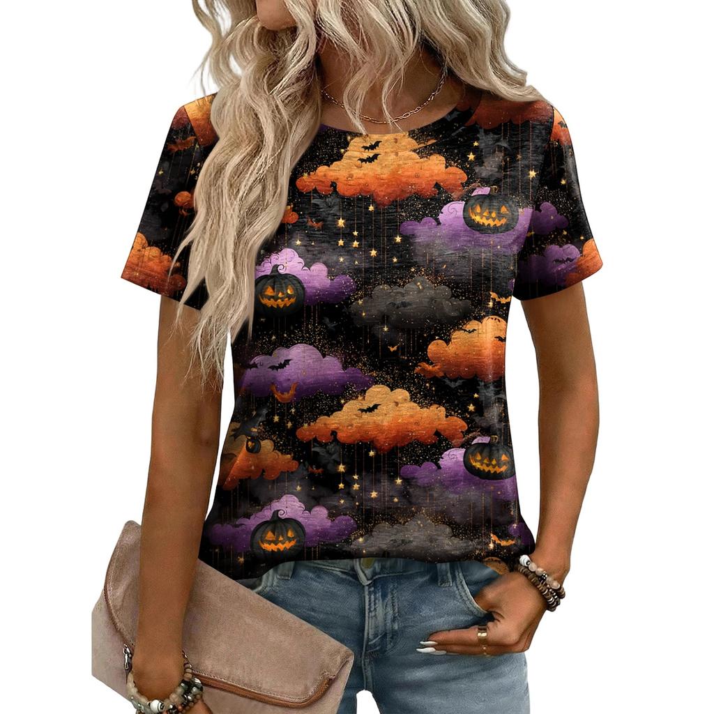 Women's Loose Fit Casual Halloween Print T-Shirt Short Sleeve Crew Neck Comfortable Top for Daily Wear and Seasonal Outfits