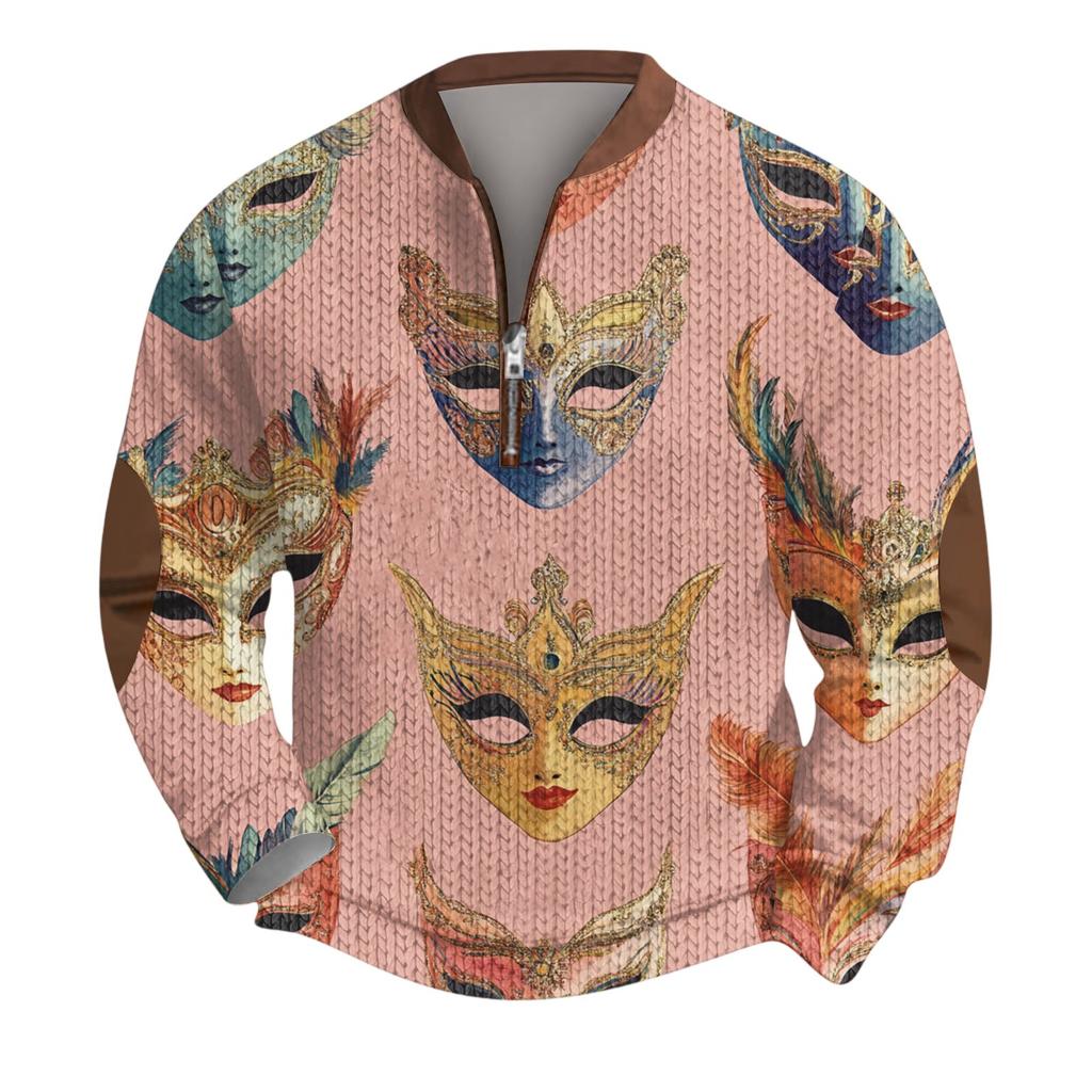 Mens Christmas Sweater Zip Up Sweatshirts Vintage Knit Graphic Sweatshirt CarnivalStand Collar Pullover